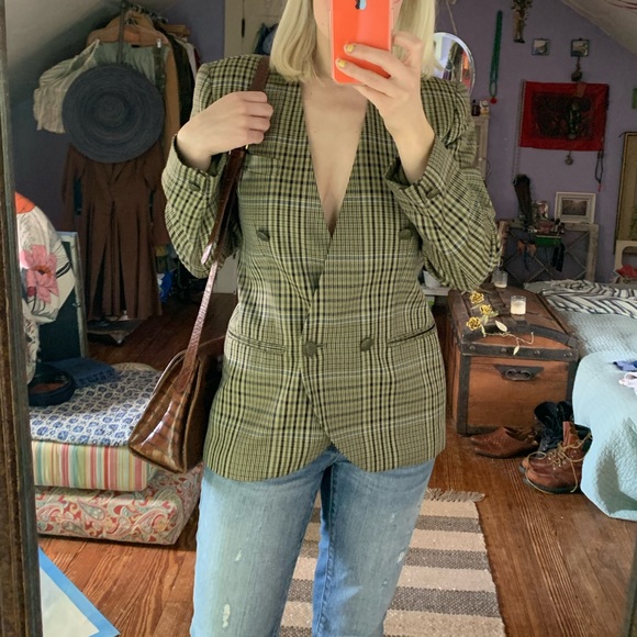 Vintage Jones NY Plaid olive Blazer Small 80s 90s - Picture 1 of 8